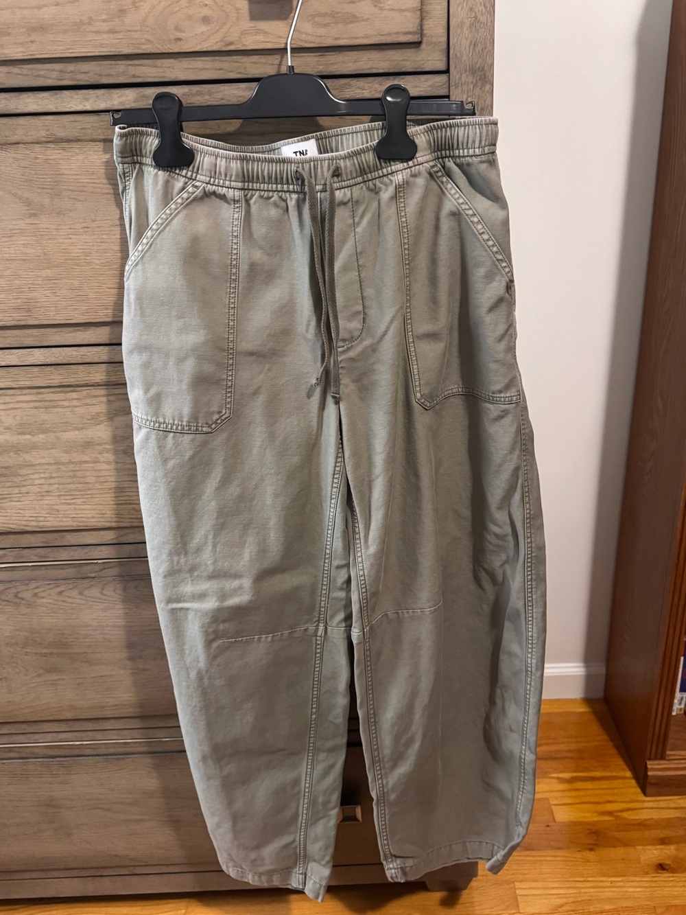 Artizia sage olive green khaki barrel leg utility pants